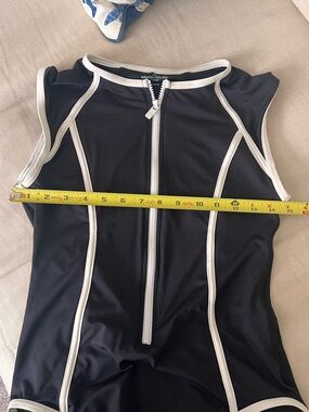 Beach House Black One-Piece Swimsuit with White Trim and sport bra